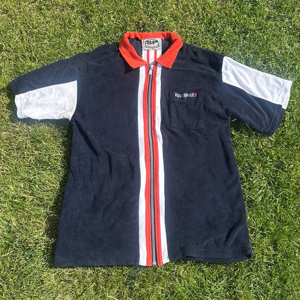 South Pole Terry Cloth Vintage Short Sleeve Collared Streetwear 90s Zip Shirt